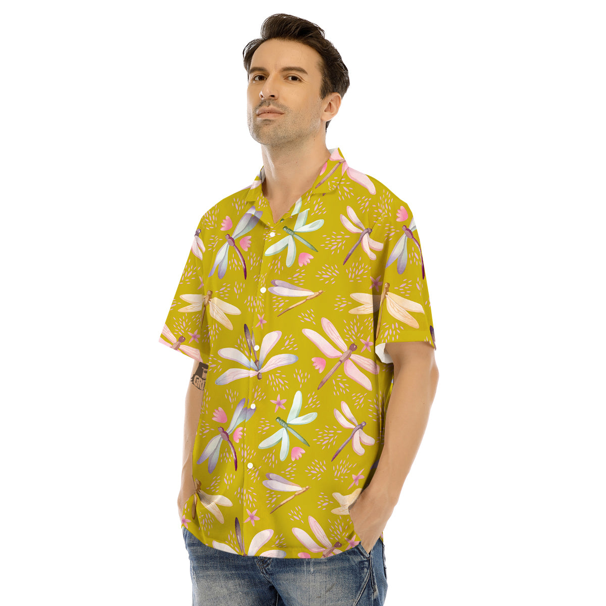 Dragonfly Yellow Watercolor Print Pattern Men's Hawaiian Shirt-grizzshop