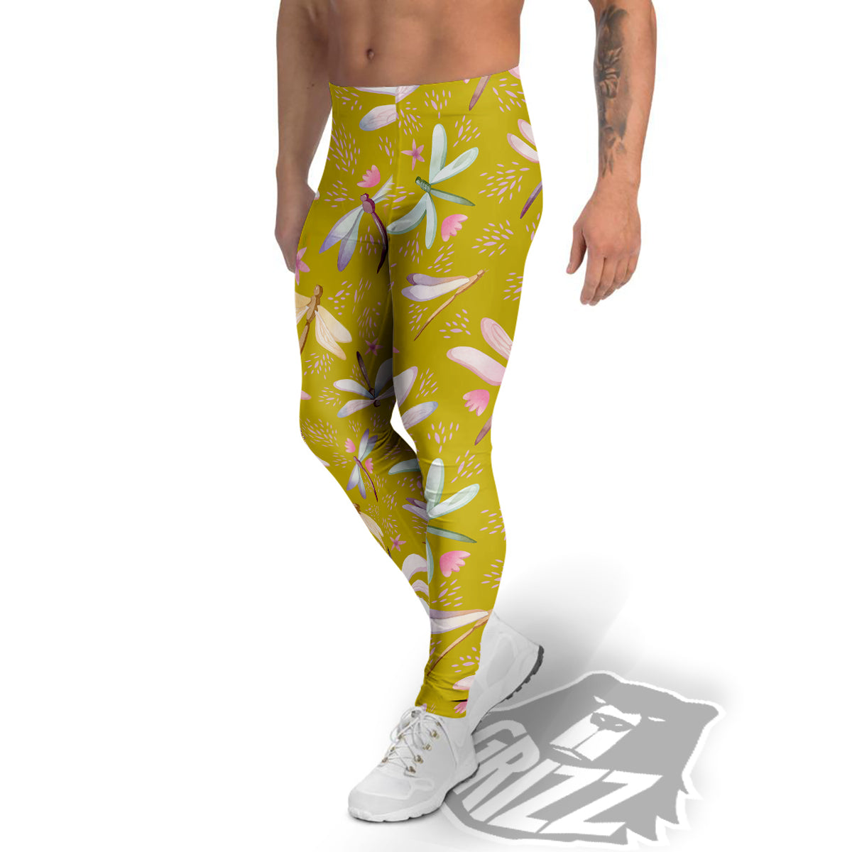 Dragonfly Yellow Watercolor Print Pattern Men's Leggings-grizzshop