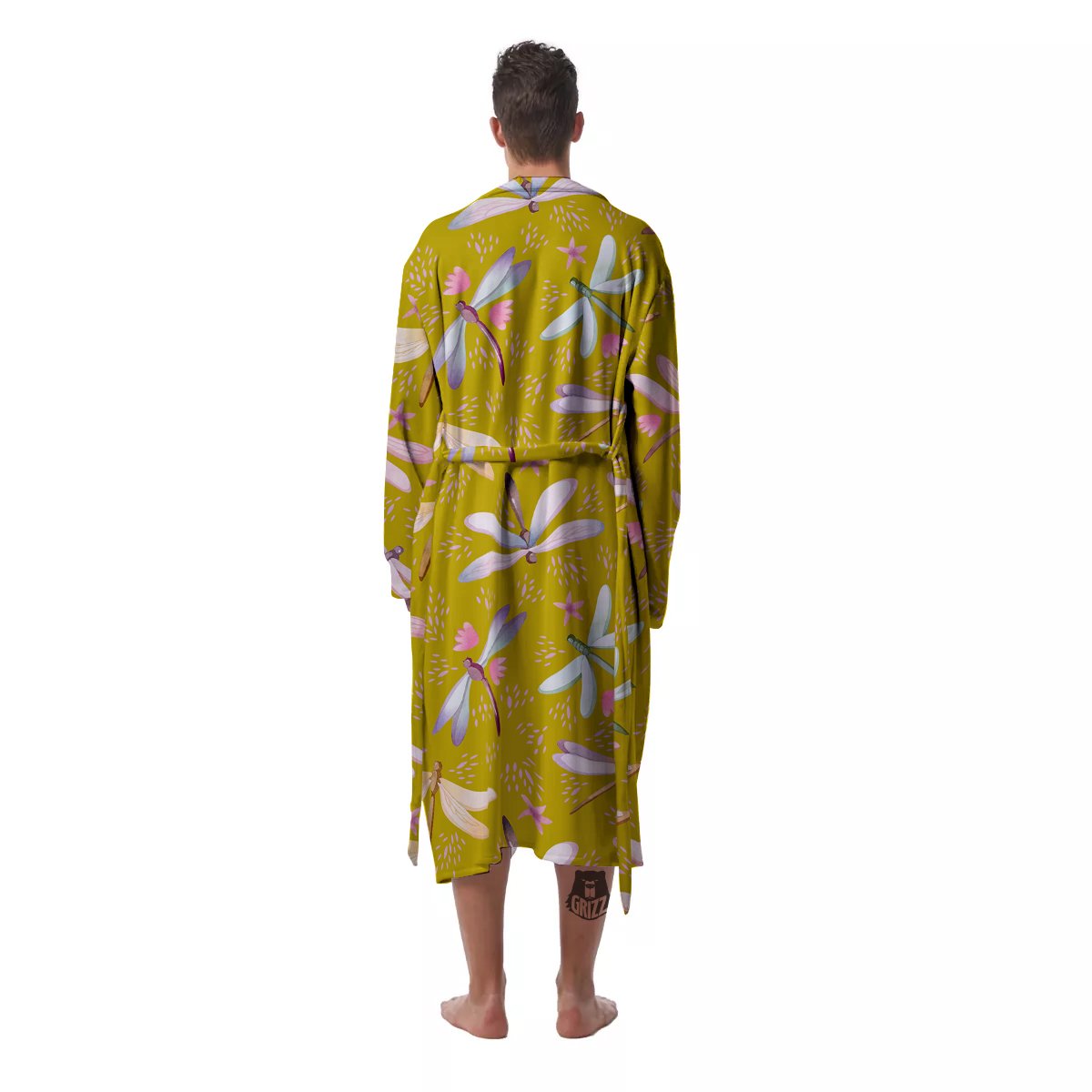 Dragonfly Yellow Watercolor Print Pattern Men's Robe-grizzshop