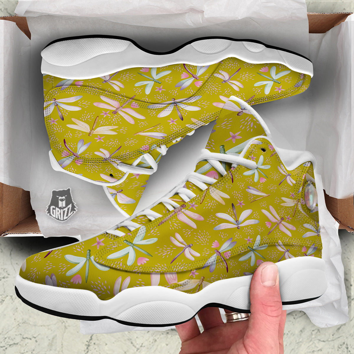Dragonfly Yellow Watercolor Print Pattern White Basketball Shoes-grizzshop