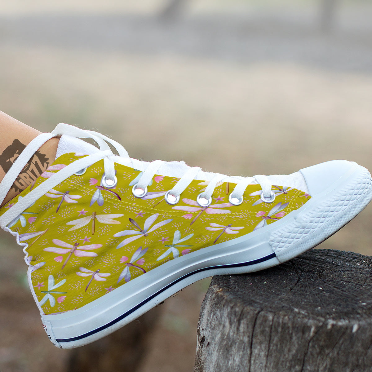 Dragonfly Yellow Watercolor Print Pattern White High Top Shoes-grizzshop