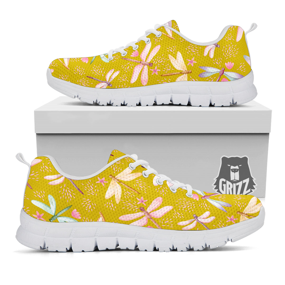 Dragonfly Yellow Watercolor Print Pattern White Sneaker-grizzshop