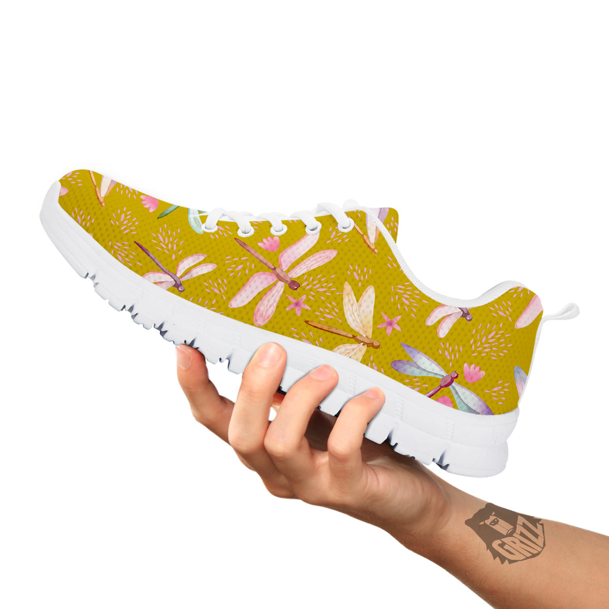 Dragonfly Yellow Watercolor Print Pattern White Sneaker-grizzshop