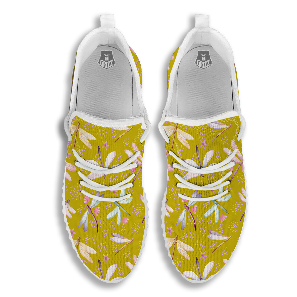Dragonfly Yellow Watercolor Print Pattern White Walking Shoes-grizzshop