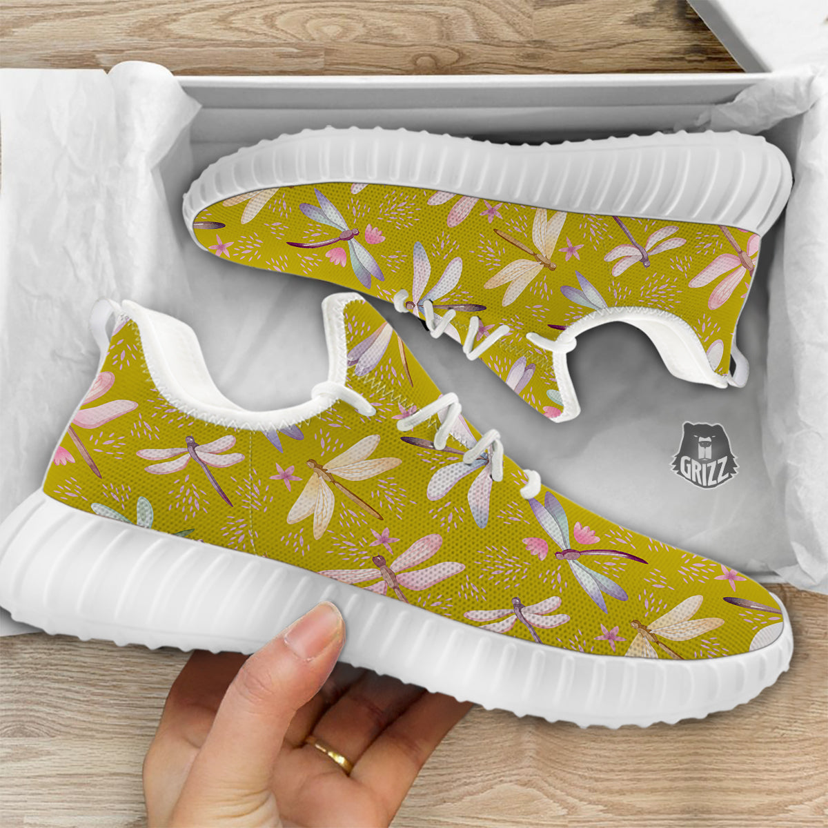 Dragonfly Yellow Watercolor Print Pattern White Walking Shoes-grizzshop