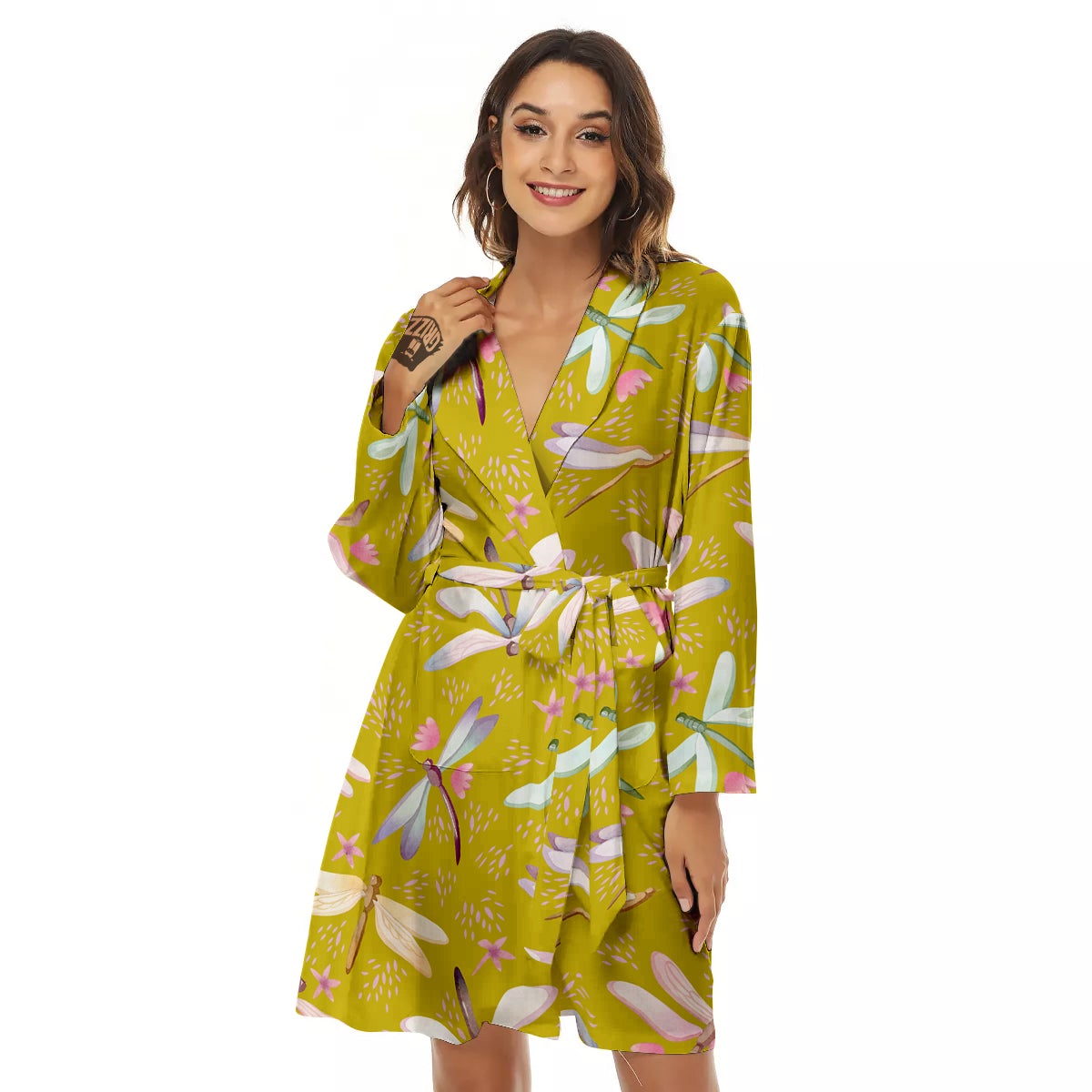 Dragonfly Yellow Watercolor Print Pattern Women's Robe-grizzshop