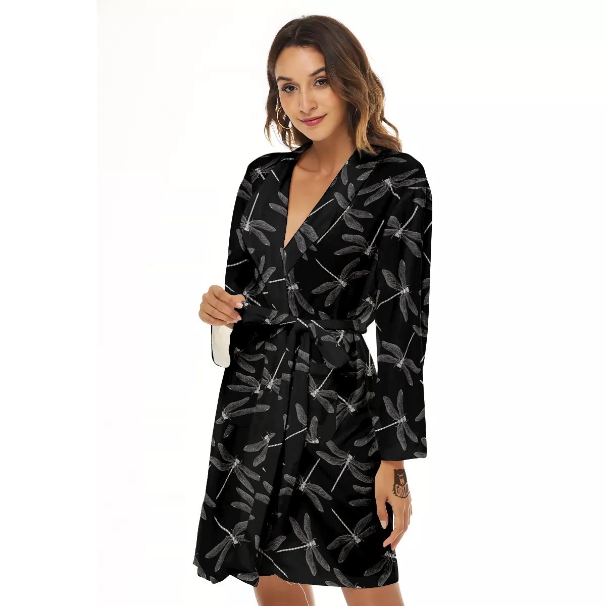 Dragonfly Black Print Pattern Women's Robe-grizzshop