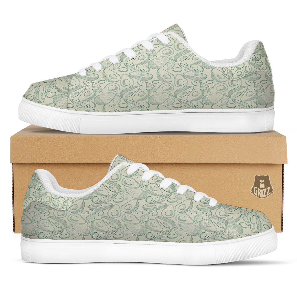 Drawing Avocado Cut In Half Print White Low Top Sneakers-grizzshop