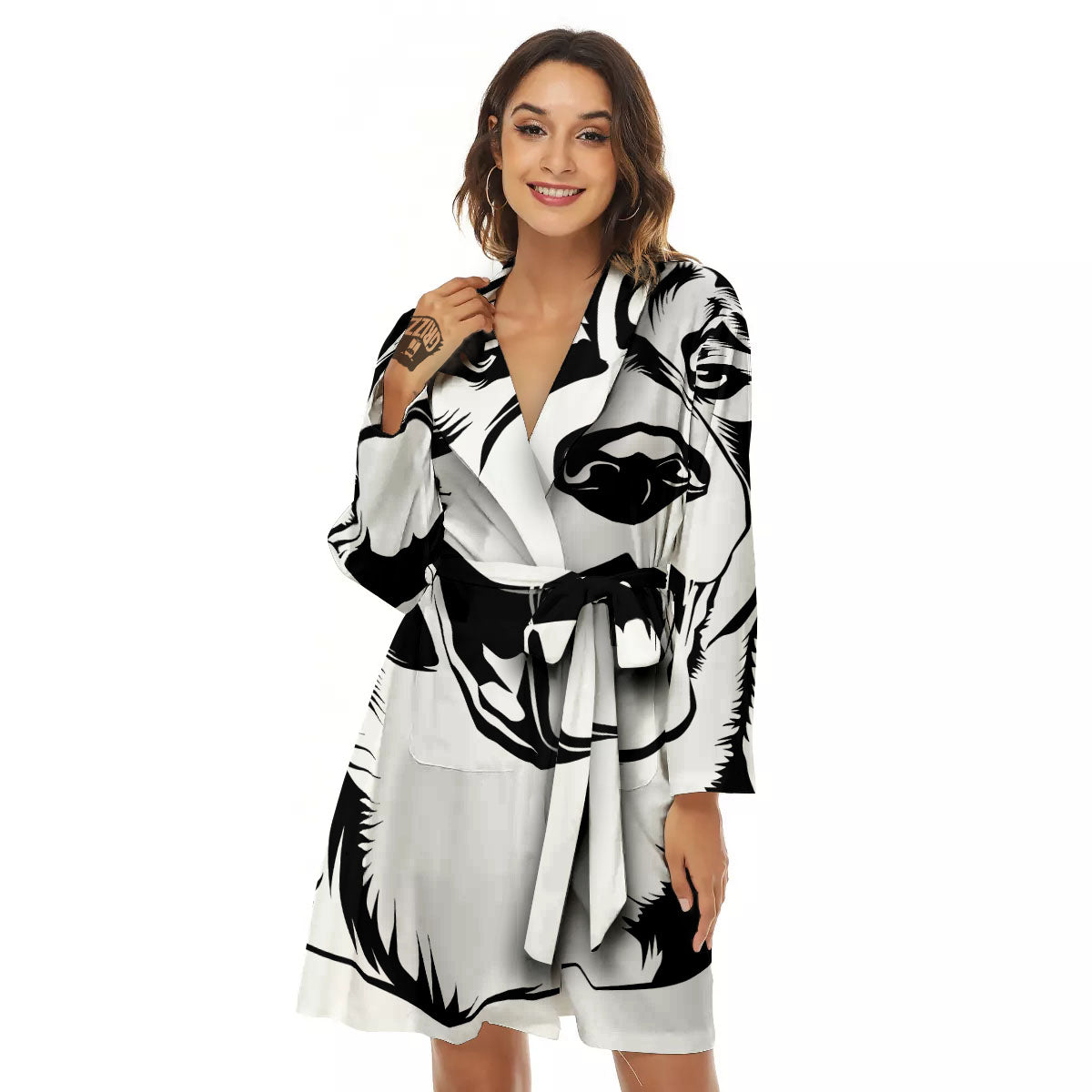 Drawing Beagle White And Black Print Women's Robe-grizzshop