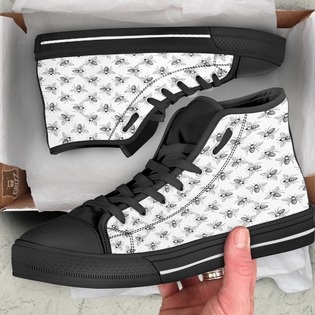 Drawing Bee Print Pattern Black High Top Shoes-grizzshop