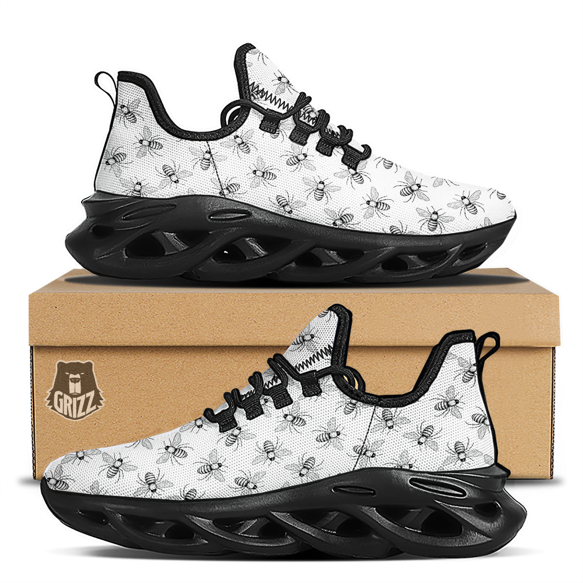 Drawing Bee Print Pattern Black Running Shoes-grizzshop