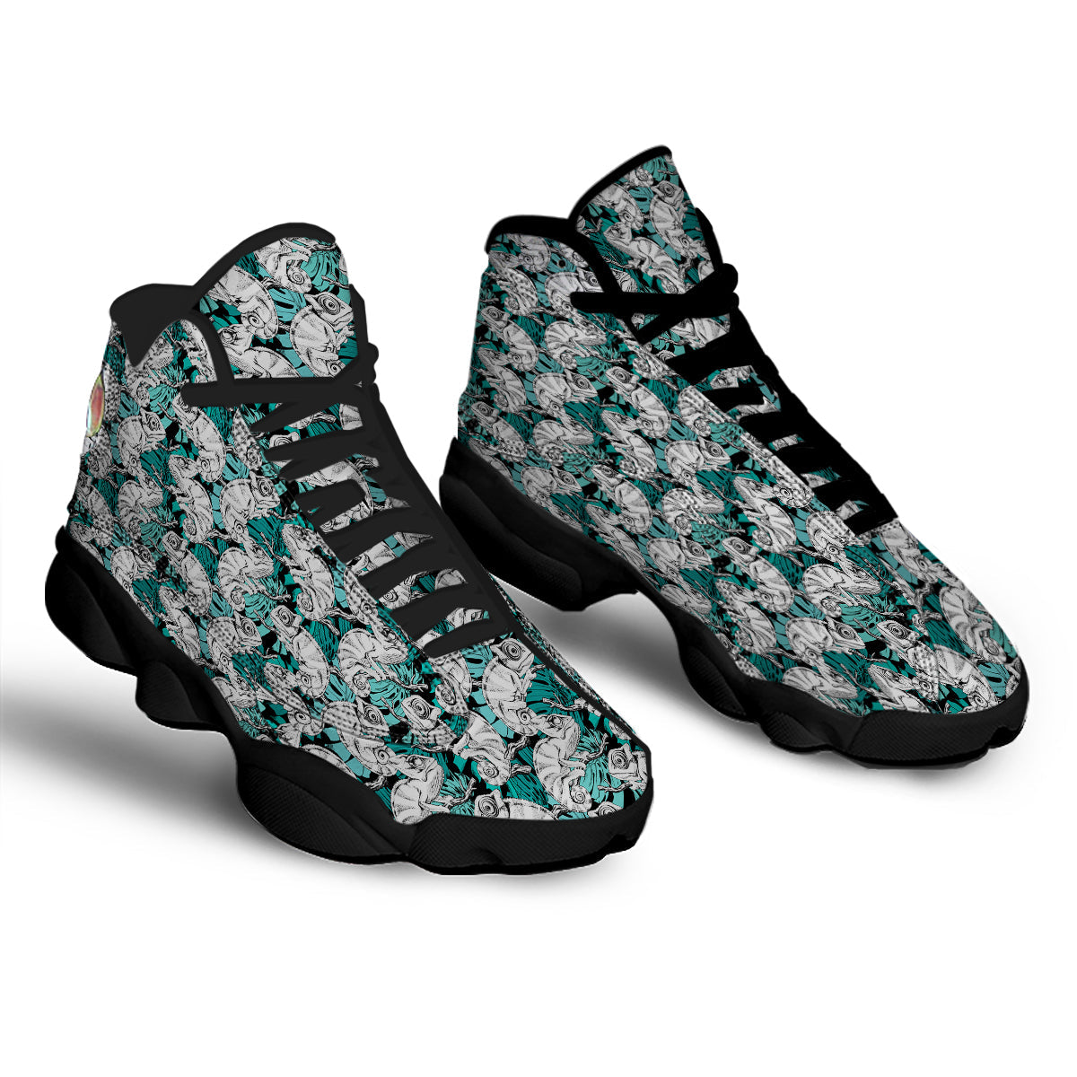 Drawing Chameleon And Monstera Leaf Print Pattern Black Basketball Shoes-grizzshop