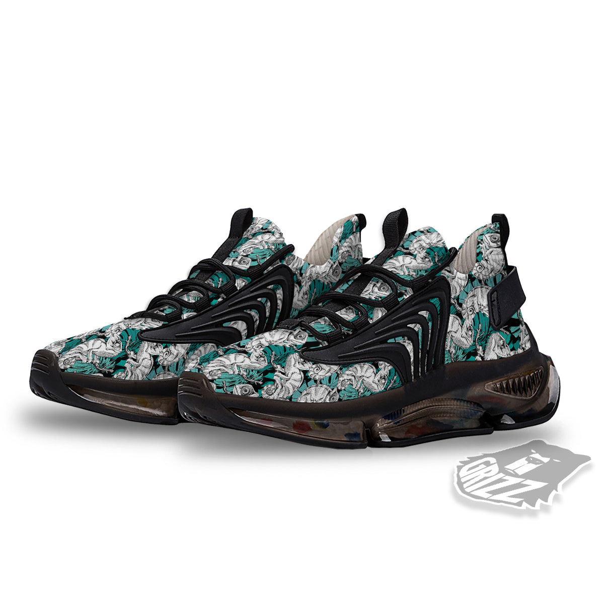 Drawing Chameleon And Monstera Leaf Print Pattern Black Gym Shoes-grizzshop