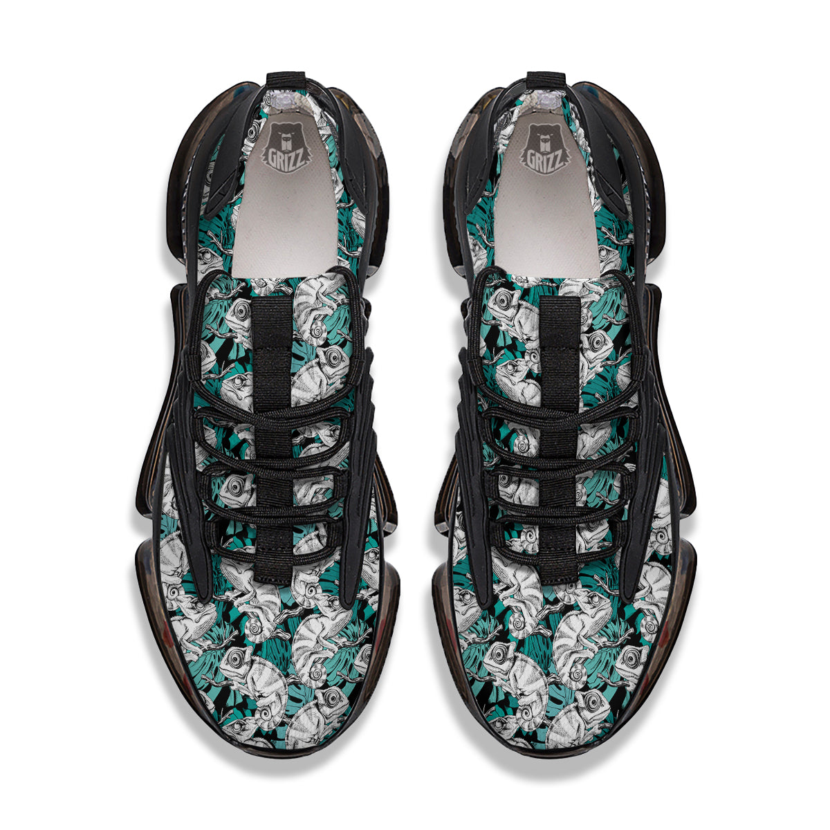 Drawing Chameleon And Monstera Leaf Print Pattern Black Gym Shoes-grizzshop