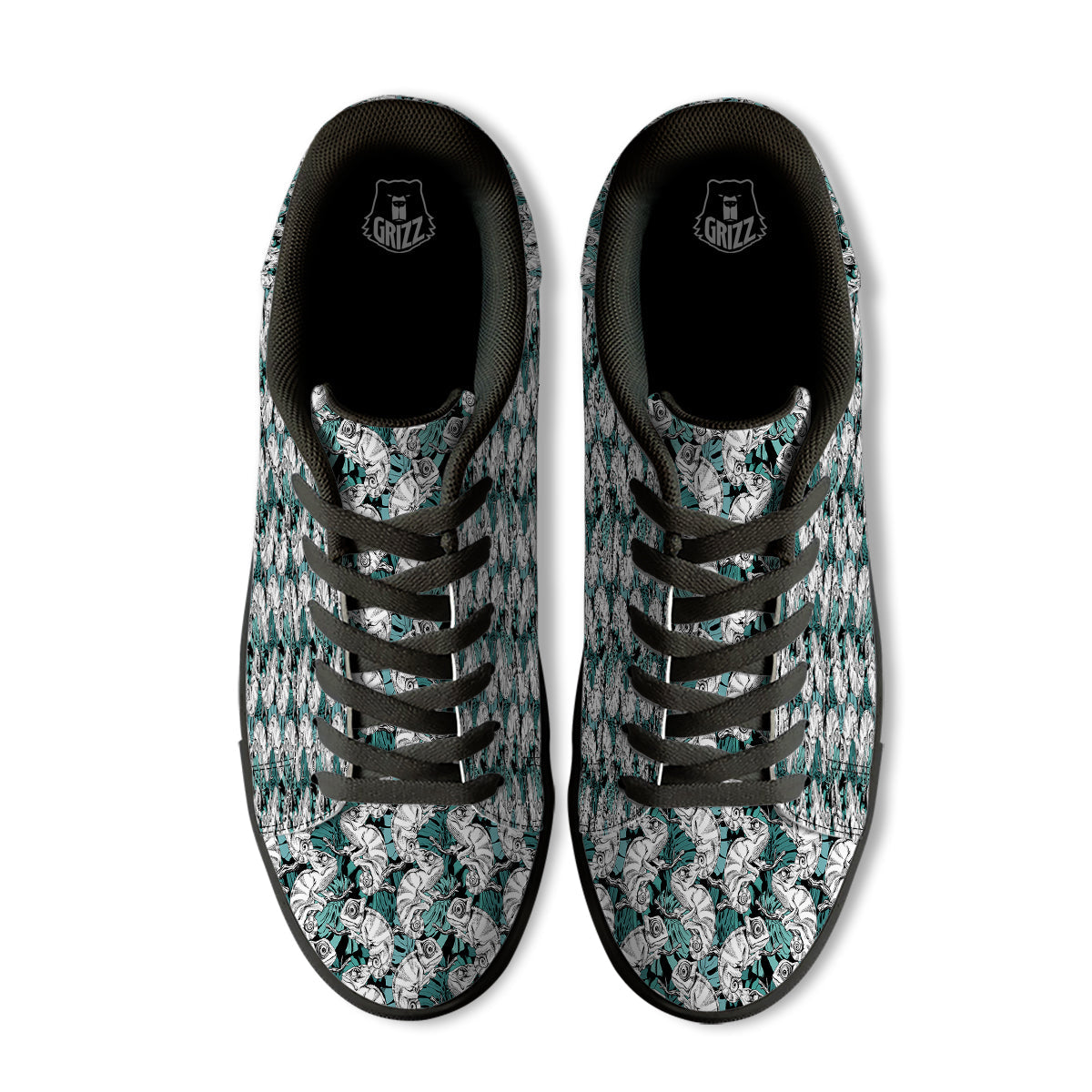 Drawing Chameleon And Monstera Leaf Print Pattern Black Low Top Sneakers-grizzshop