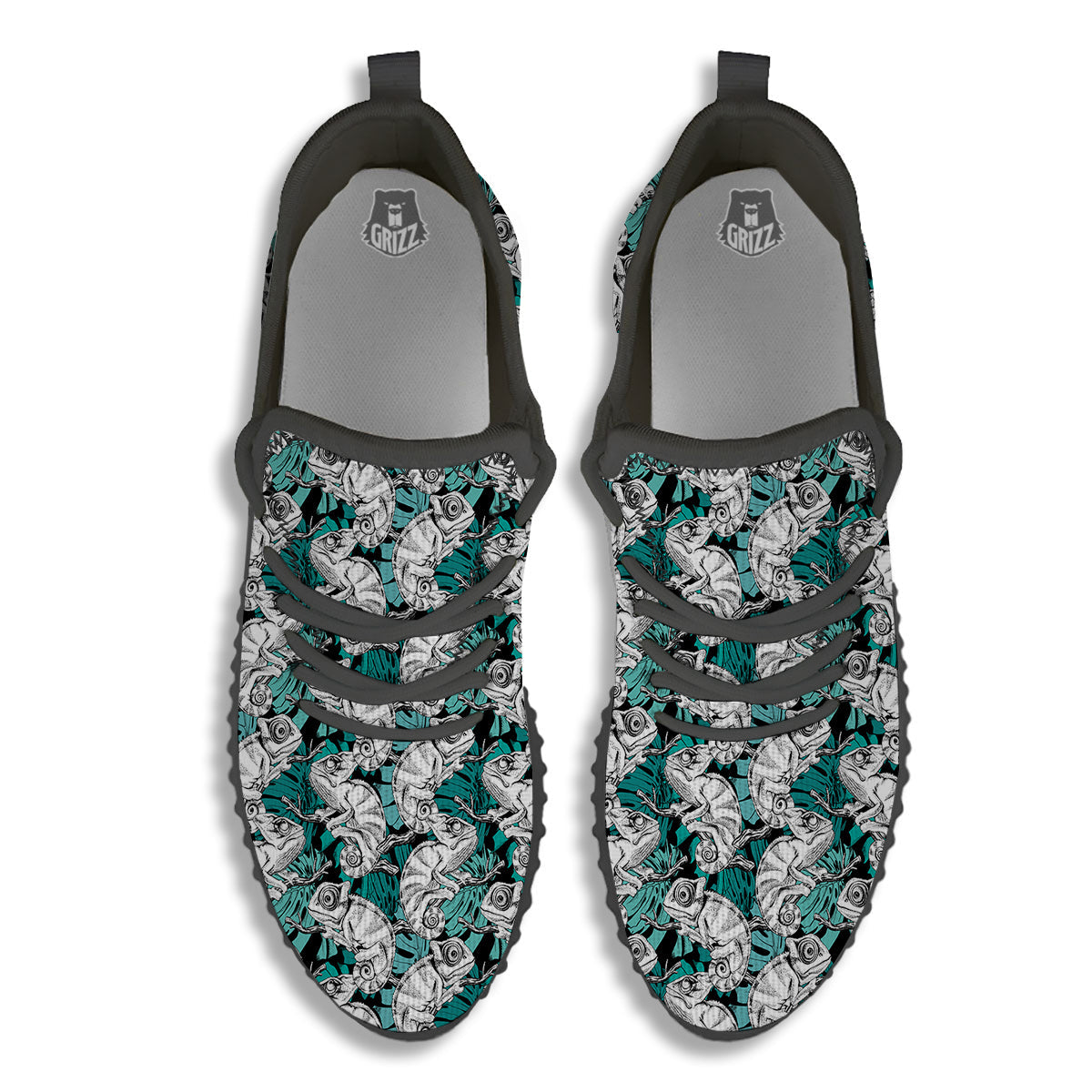 Drawing Chameleon And Monstera Leaf Print Pattern Black Walking Shoes-grizzshop