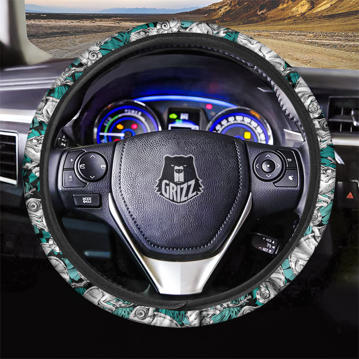 Drawing Chameleon And Monstera Leaf Print Pattern Car Steering Wheel Cover-grizzshop