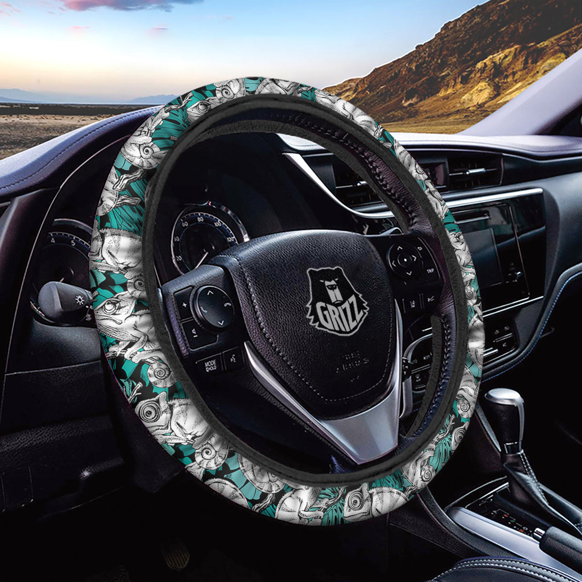 Drawing Chameleon And Monstera Leaf Print Pattern Car Steering Wheel Cover-grizzshop