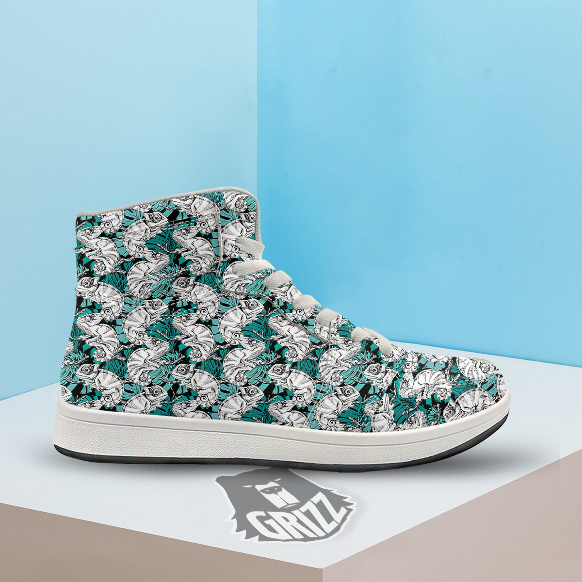 Drawing Chameleon And Monstera Leaf Print Pattern High Top Sneakers-grizzshop