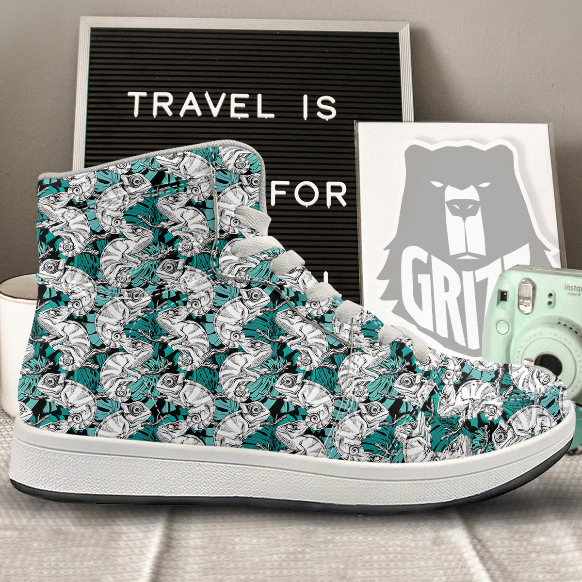 Drawing Chameleon And Monstera Leaf Print Pattern High Top Sneakers-grizzshop