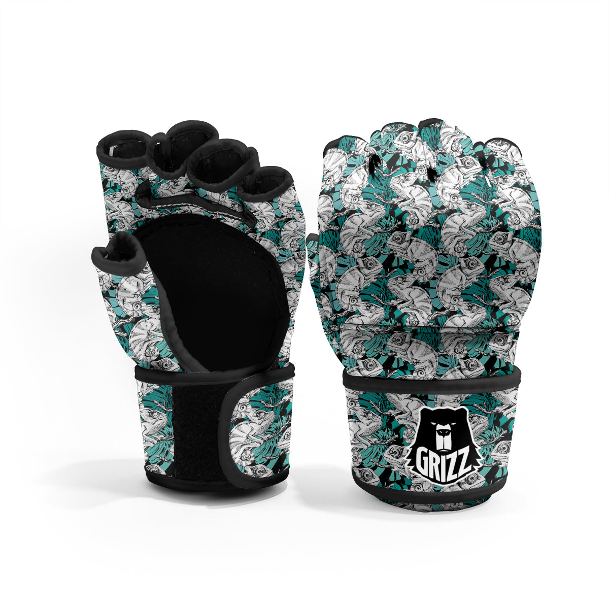Drawing Chameleon And Monstera Leaf Print Pattern MMA Gloves-grizzshop