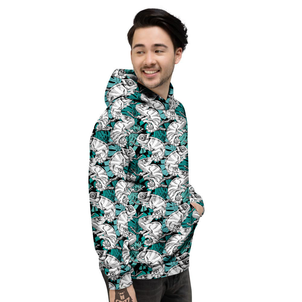 Drawing Chameleon And Monstera Leaf Print Pattern Men's Hoodie-grizzshop
