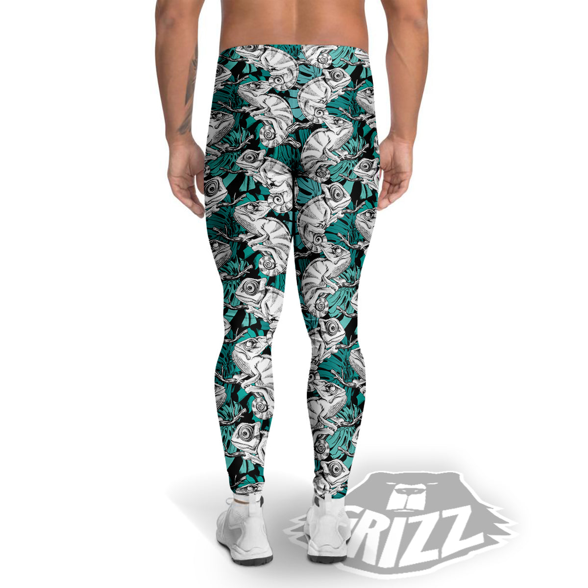 Drawing Chameleon And Monstera Leaf Print Pattern Men's Leggings-grizzshop