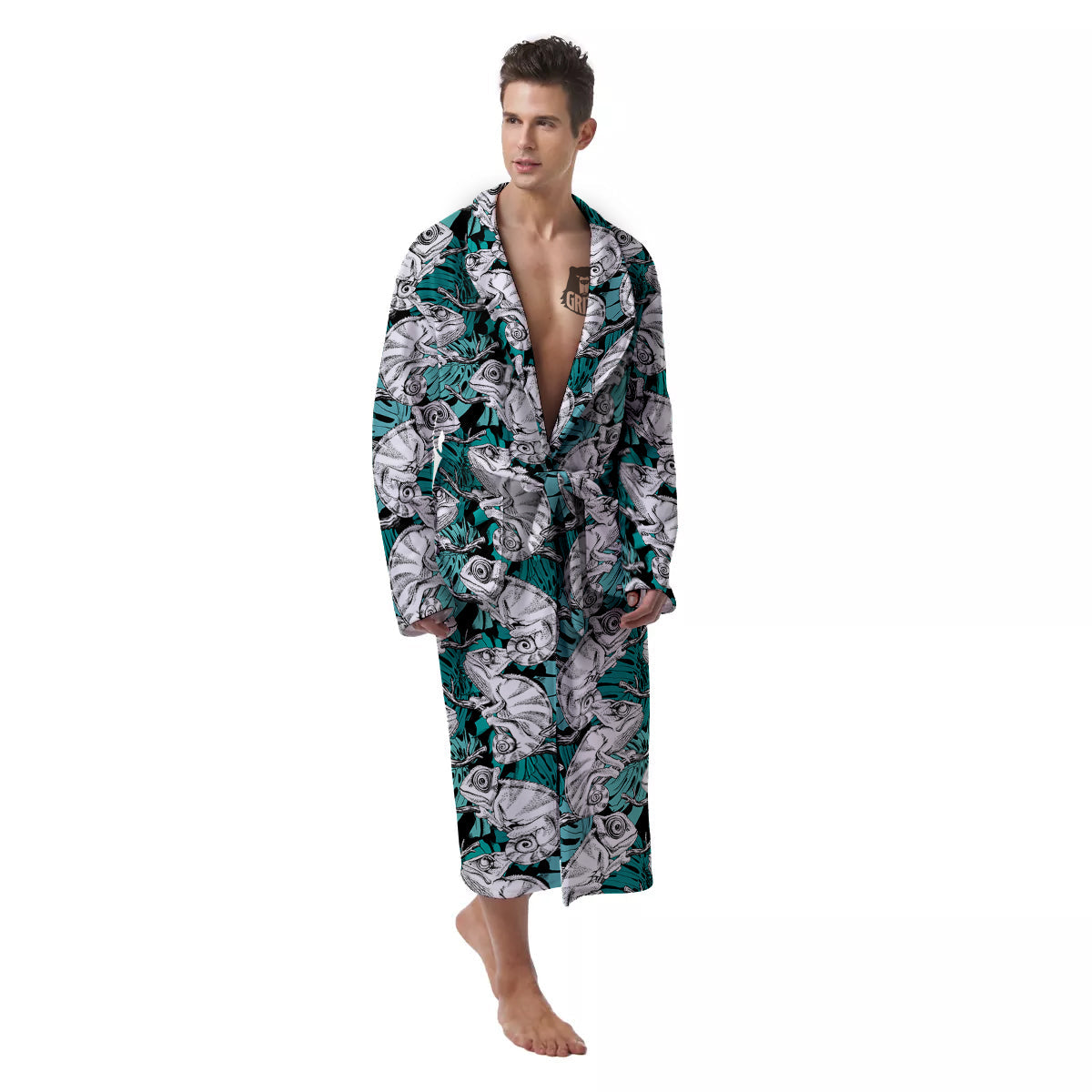Drawing Chameleon And Monstera Leaf Print Pattern Men's Robe-grizzshop