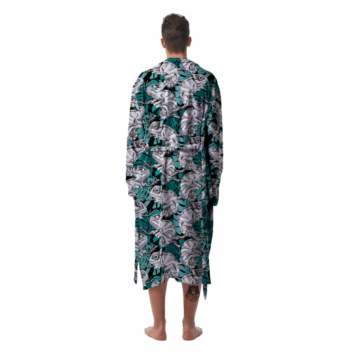 Drawing Chameleon And Monstera Leaf Print Pattern Men's Robe-grizzshop