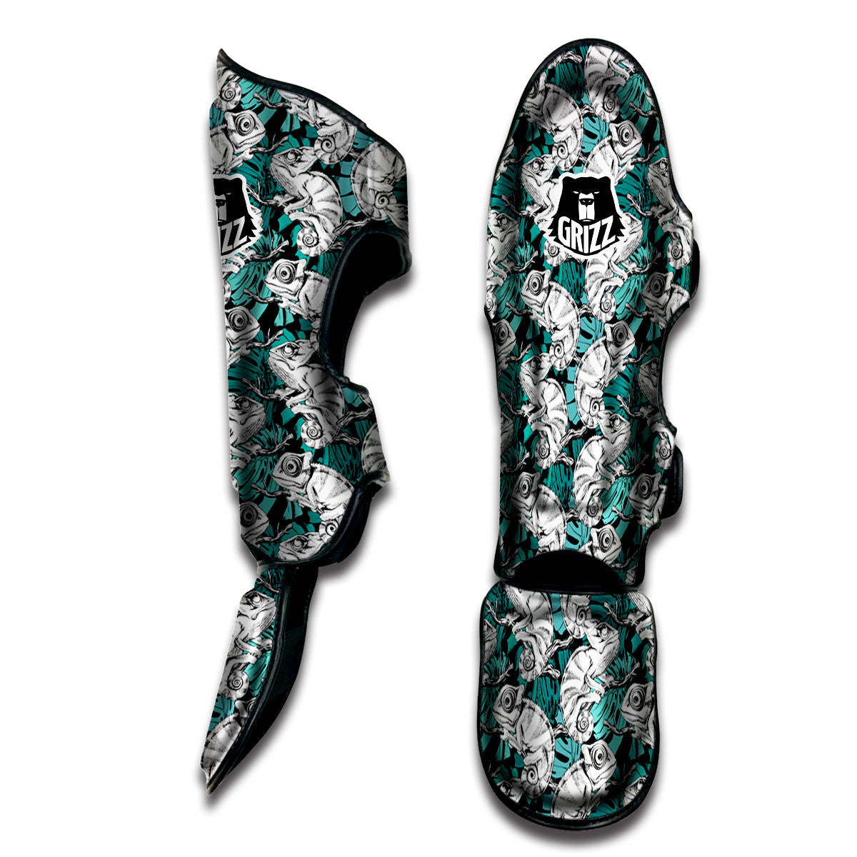 Drawing Chameleon And Monstera Leaf Print Pattern Muay Thai Shin Guards-grizzshop