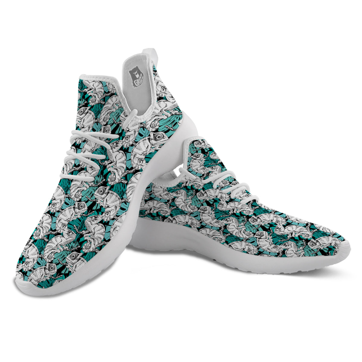 Drawing Chameleon And Monstera Leaf Print Pattern White Athletic Shoes-grizzshop