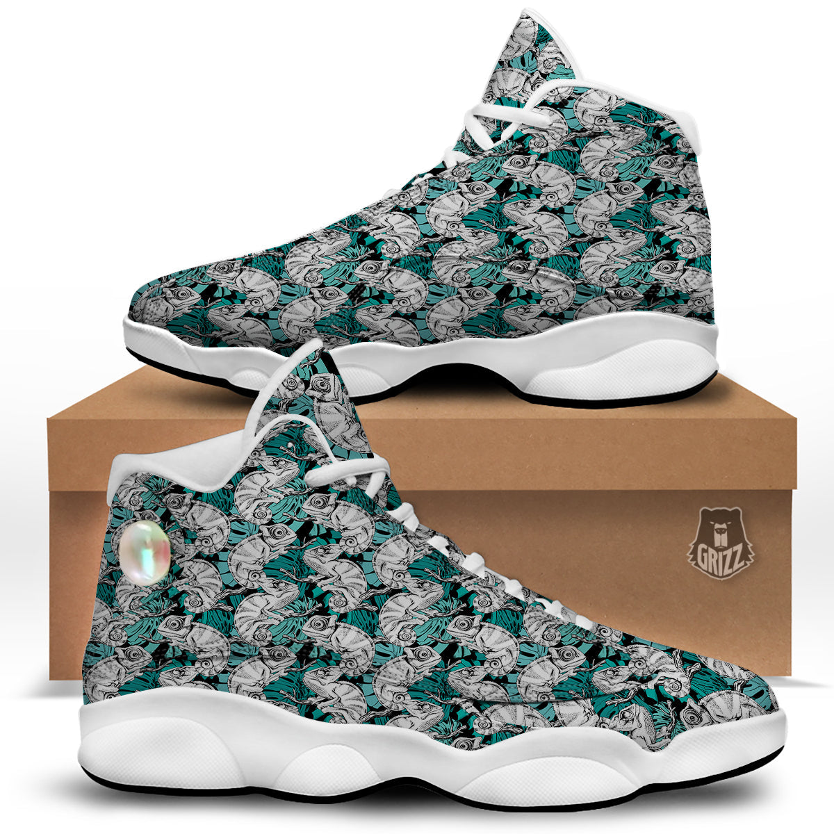 Drawing Chameleon And Monstera Leaf Print Pattern White Basketball Shoes-grizzshop
