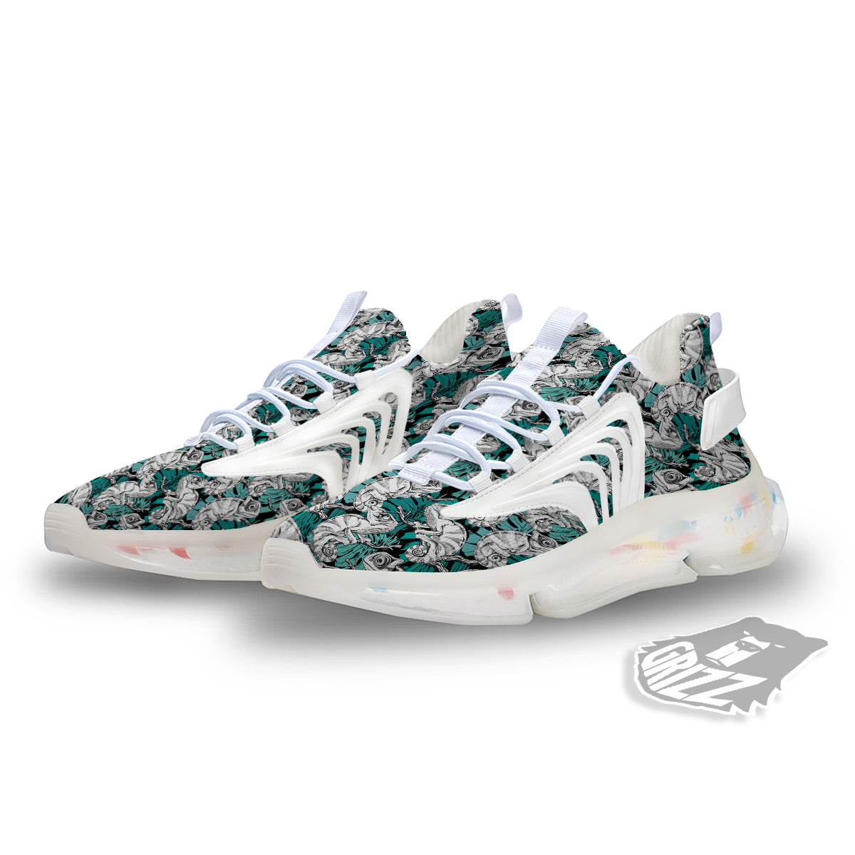 Drawing Chameleon And Monstera Leaf Print Pattern White Gym Shoes-grizzshop