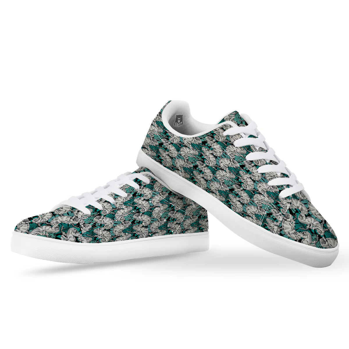 Drawing Chameleon And Monstera Leaf Print Pattern White Low Top Sneakers-grizzshop