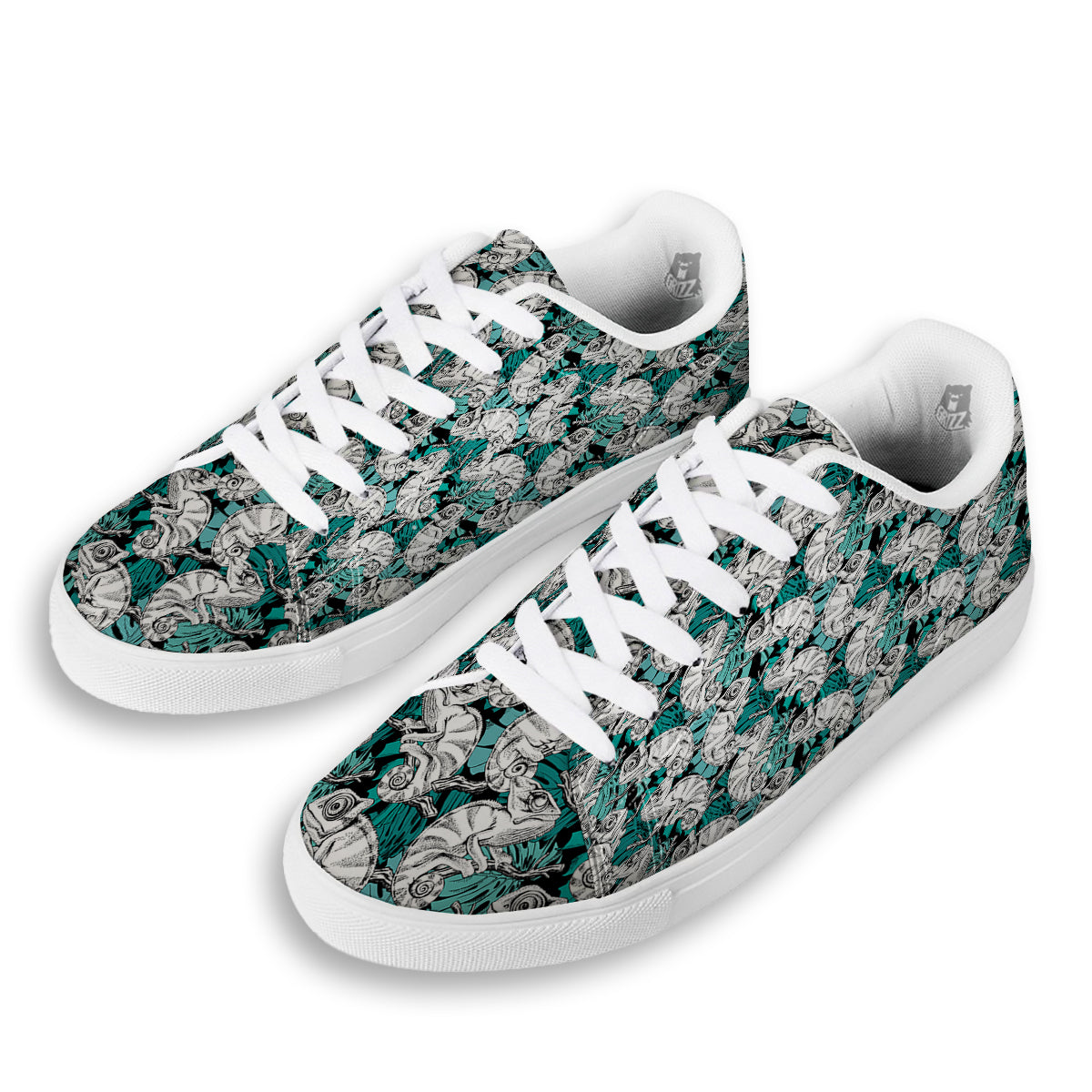 Drawing Chameleon And Monstera Leaf Print Pattern White Low Top Sneakers-grizzshop