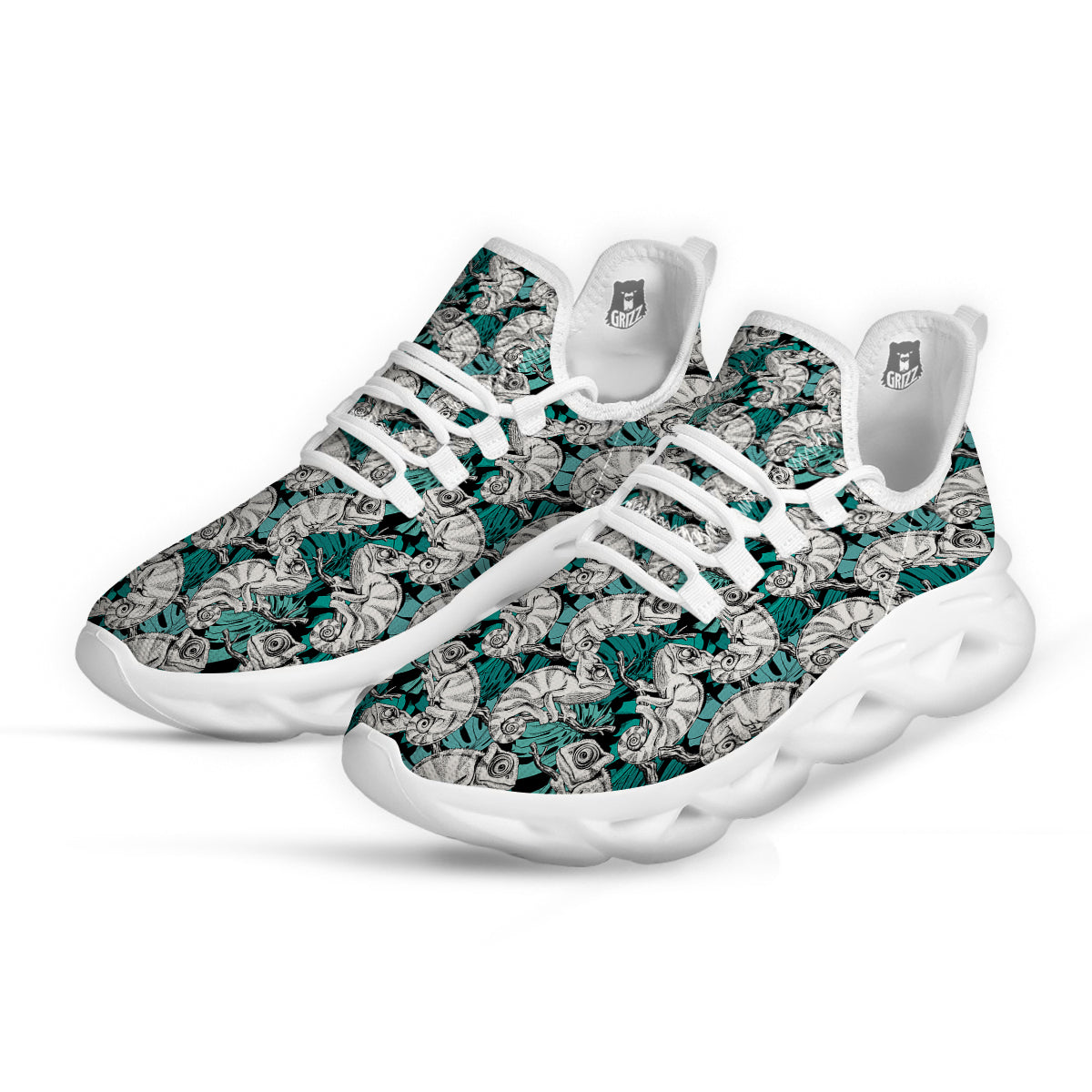 Drawing Chameleon And Monstera Leaf Print Pattern White Running Shoes-grizzshop