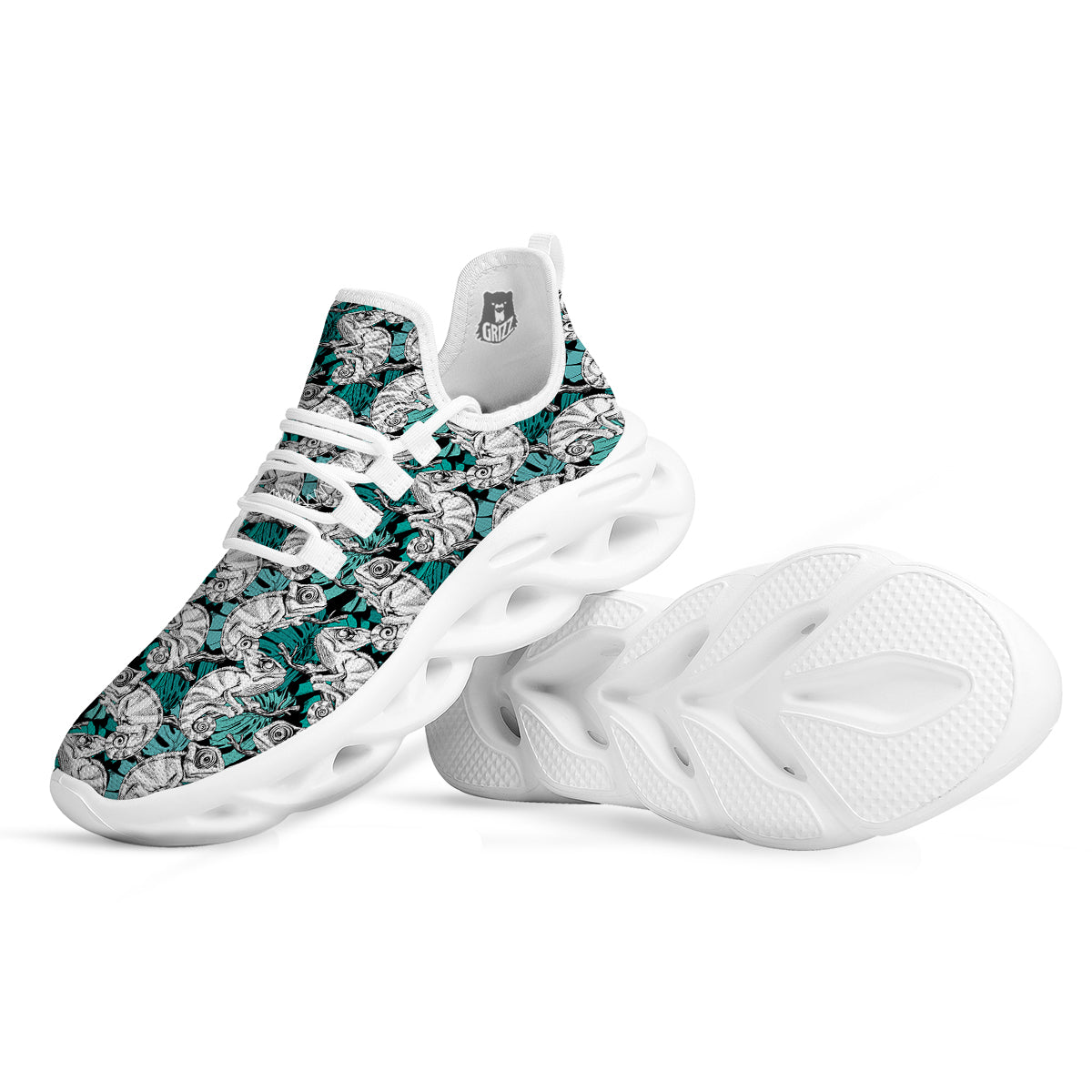 Drawing Chameleon And Monstera Leaf Print Pattern White Running Shoes-grizzshop