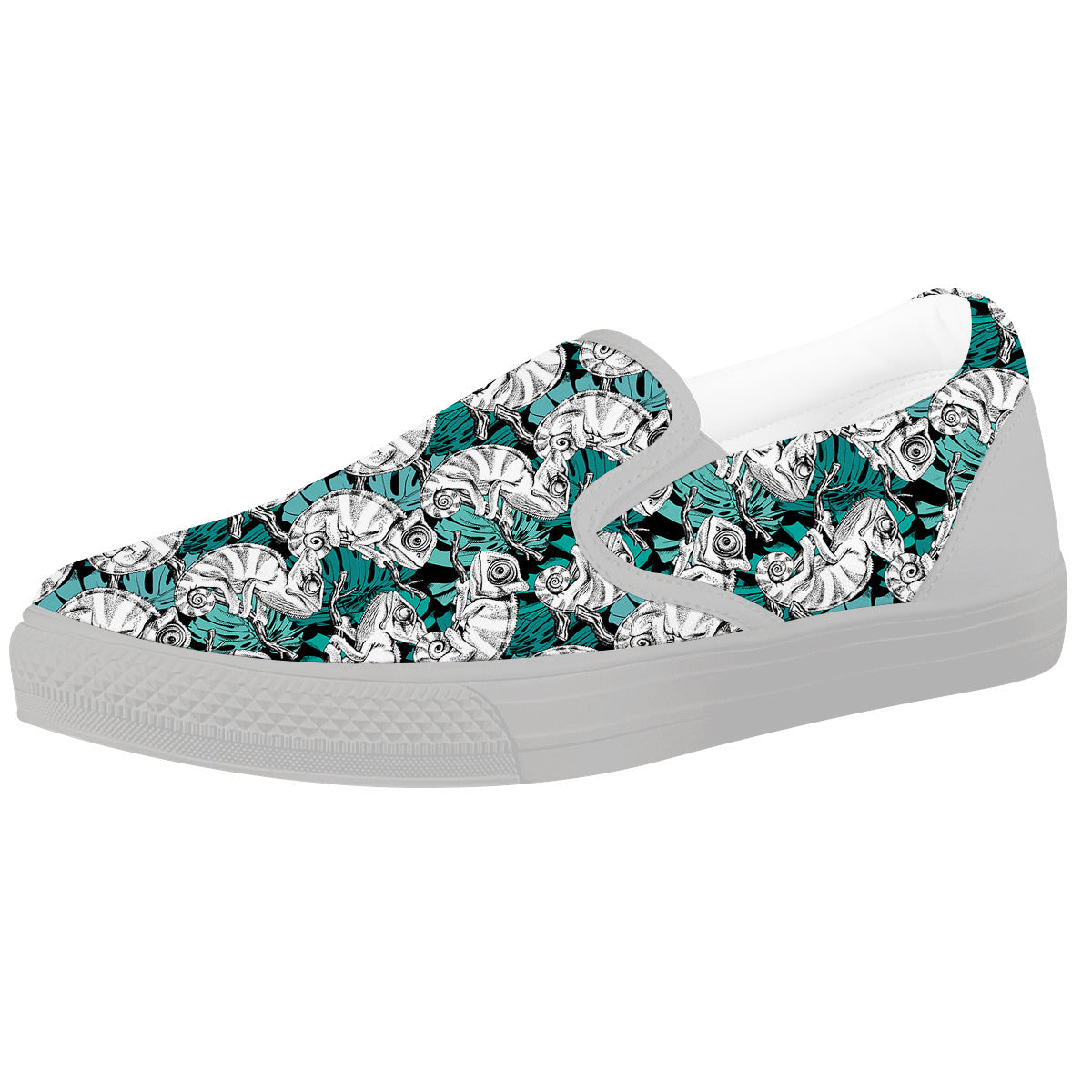 Drawing Chameleon And Monstera Leaf Print Pattern White Slip On Shoes-grizzshop