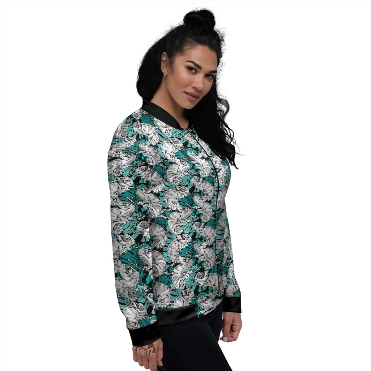 Drawing Chameleon And Monstera Leaf Print Pattern Women's Bomber Jacket-grizzshop