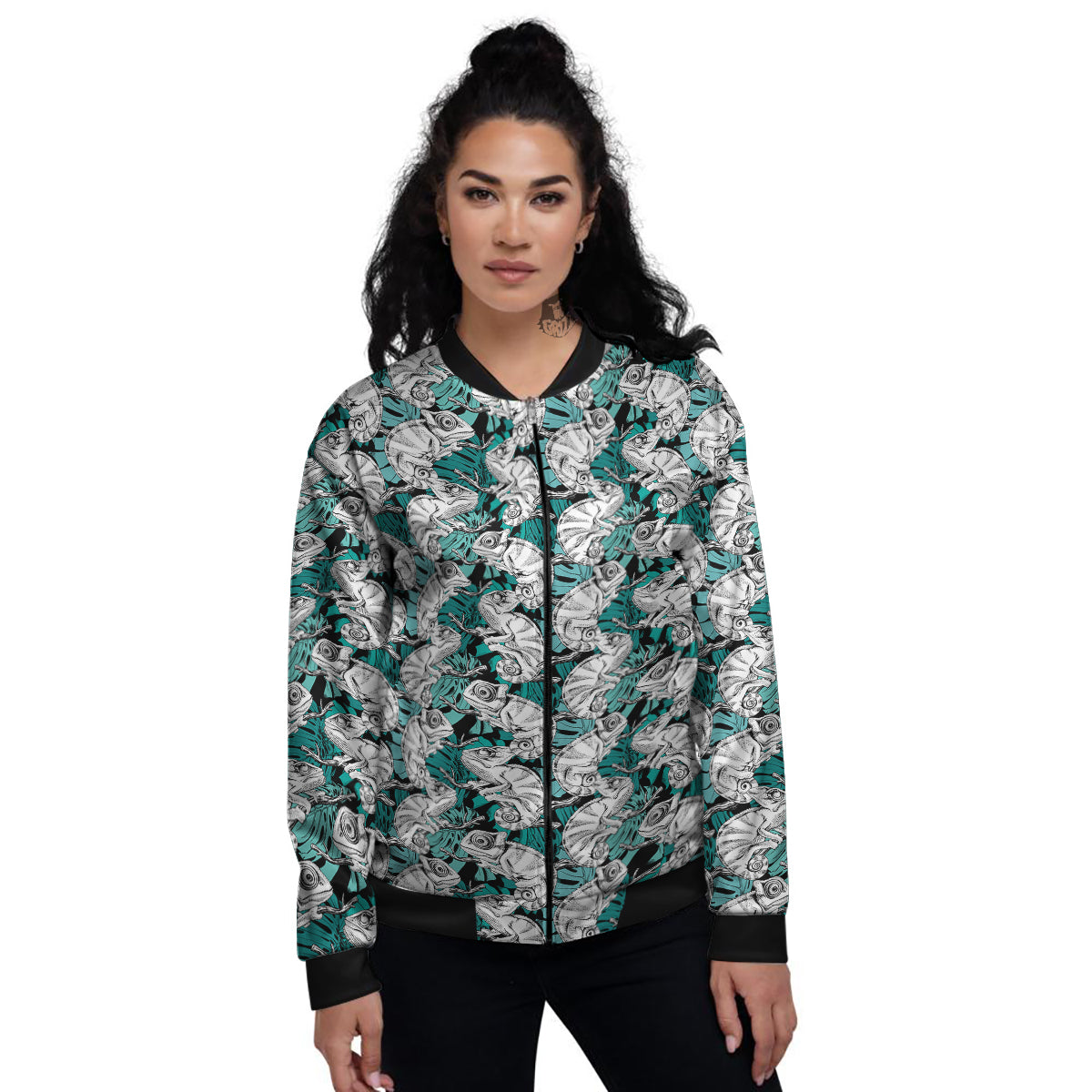 Drawing Chameleon And Monstera Leaf Print Pattern Women's Bomber Jacket-grizzshop