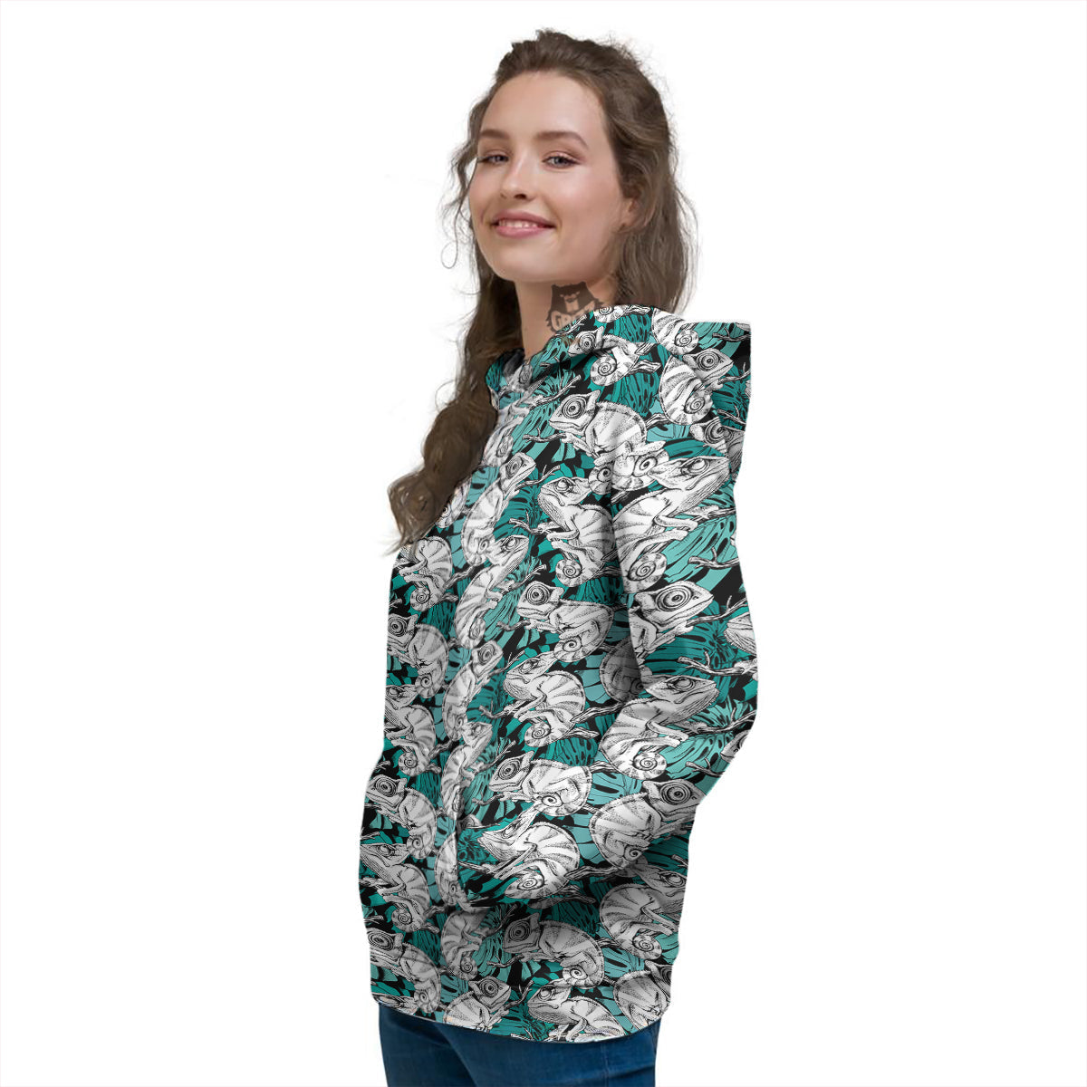 Drawing Chameleon And Monstera Leaf Print Pattern Women's Hoodie-grizzshop