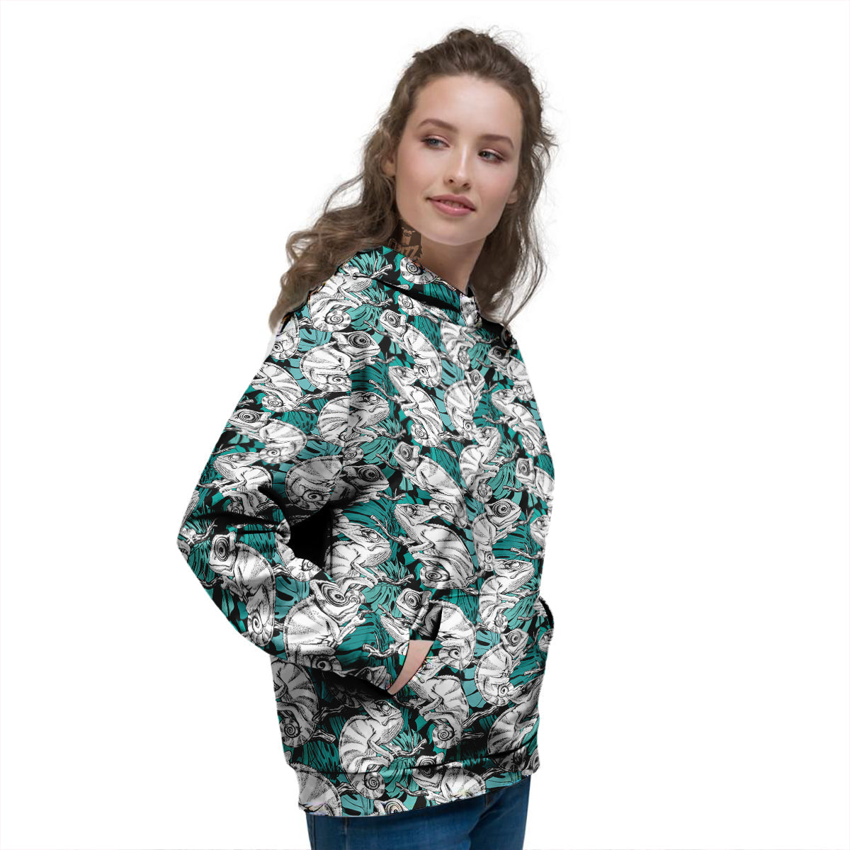 Drawing Chameleon And Monstera Leaf Print Pattern Women's Hoodie-grizzshop