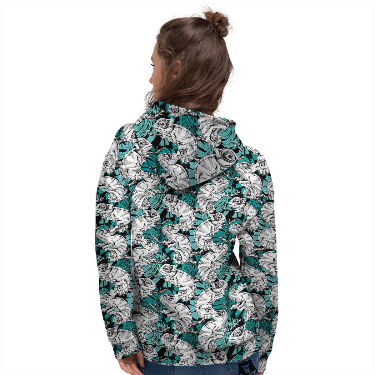 Drawing Chameleon And Monstera Leaf Print Pattern Women's Hoodie-grizzshop