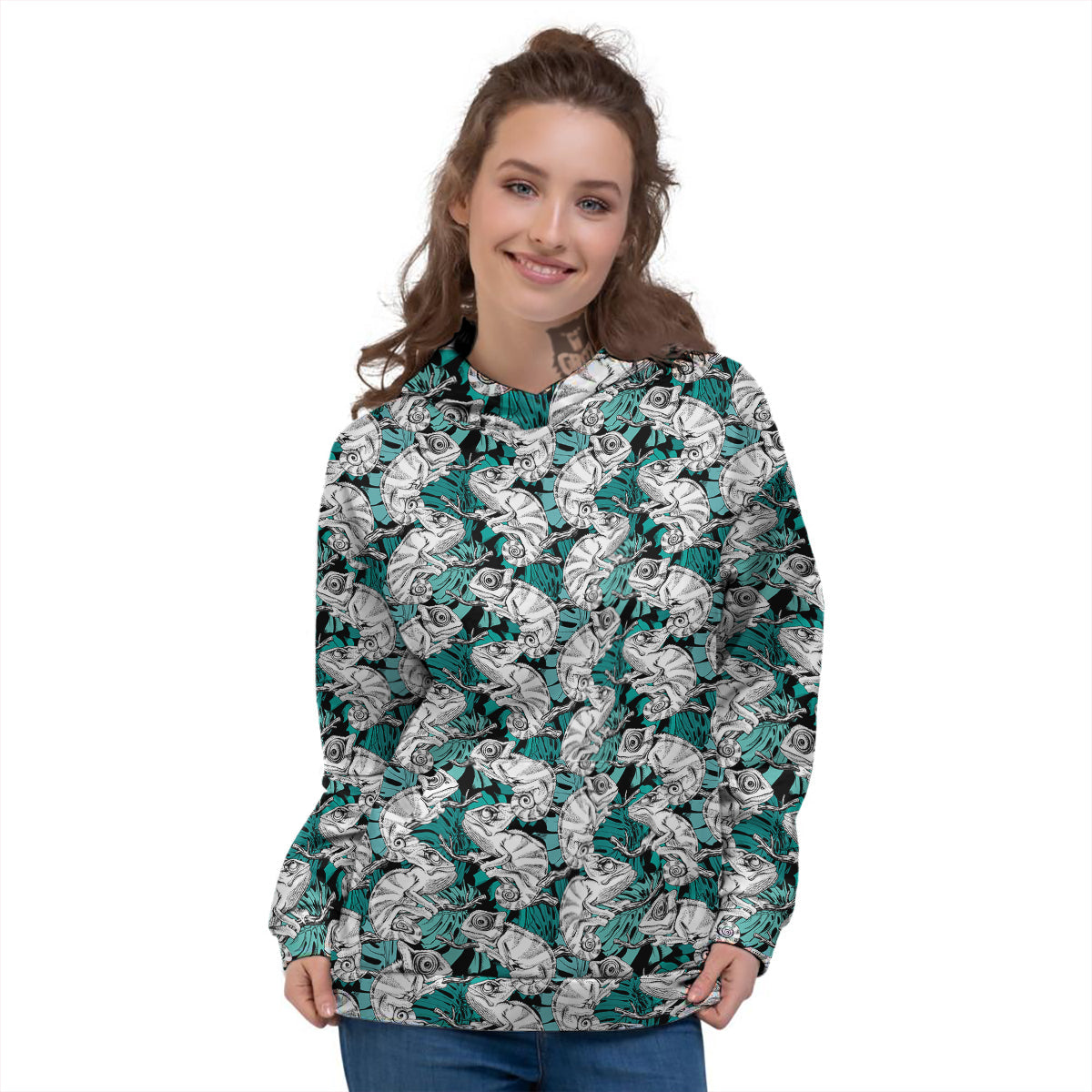 Drawing Chameleon And Monstera Leaf Print Pattern Women's Hoodie-grizzshop