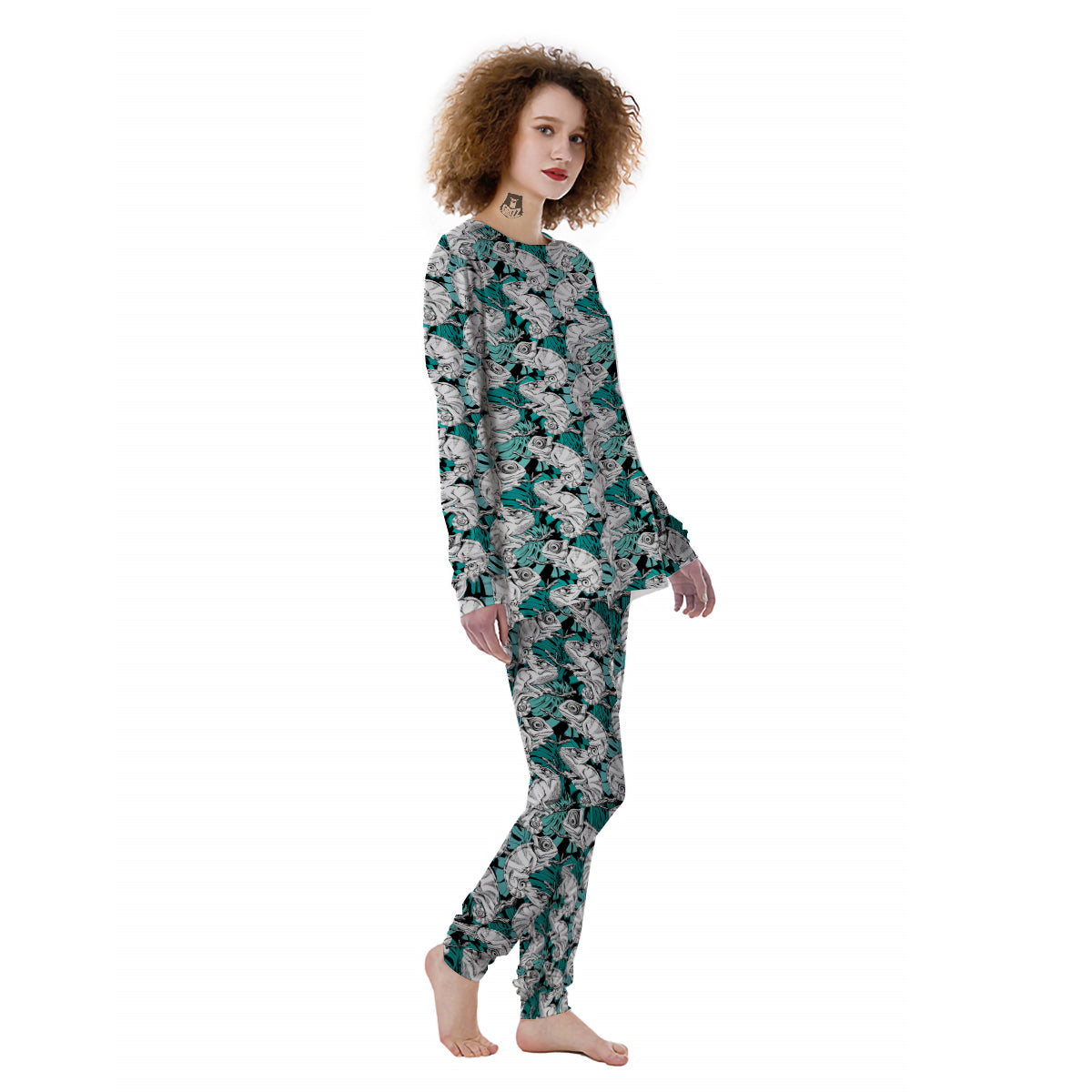 Drawing Chameleon And Monstera Leaf Print Pattern Women's Pajamas-grizzshop