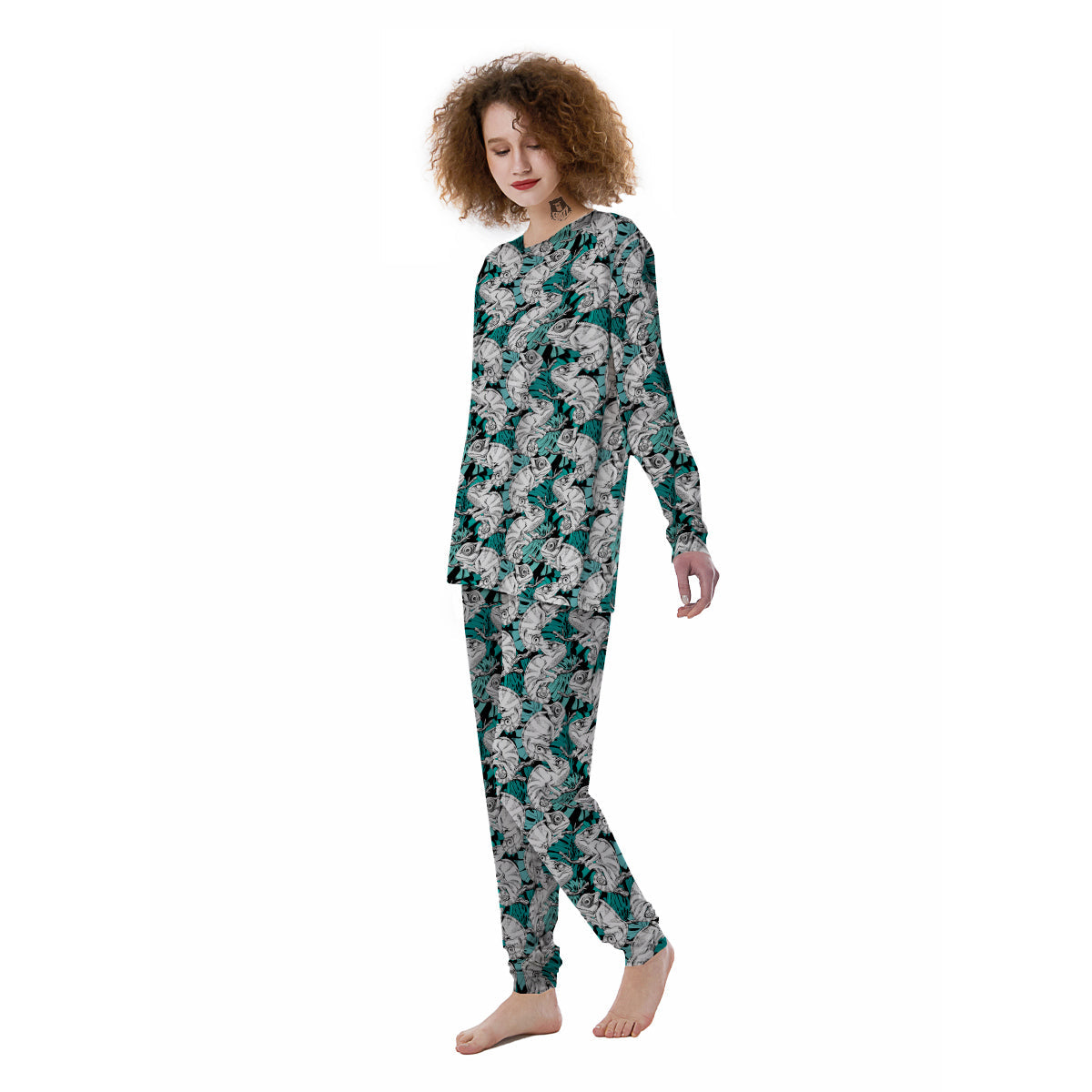 Drawing Chameleon And Monstera Leaf Print Pattern Women's Pajamas-grizzshop