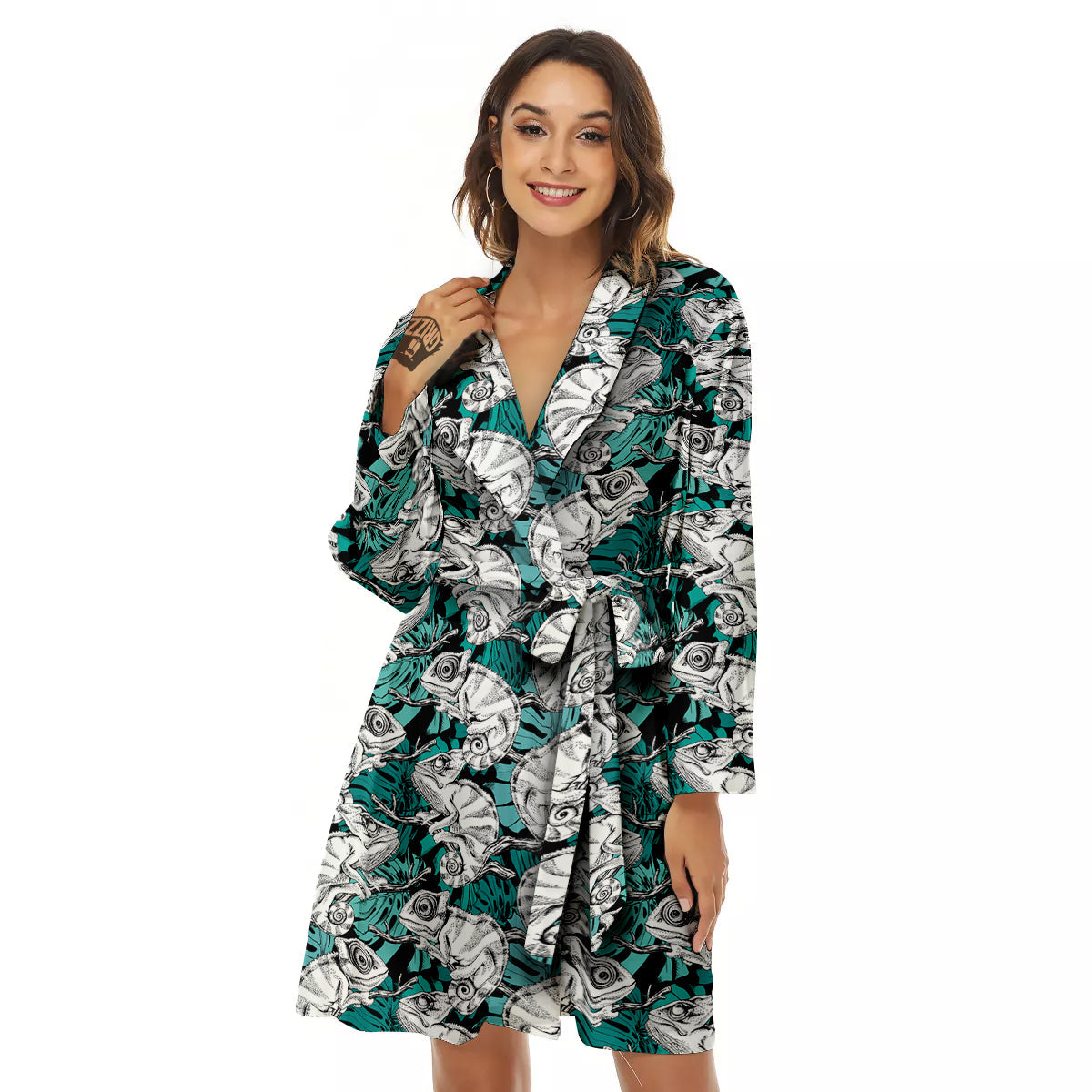 Drawing Chameleon And Monstera Leaf Print Pattern Women's Robe-grizzshop