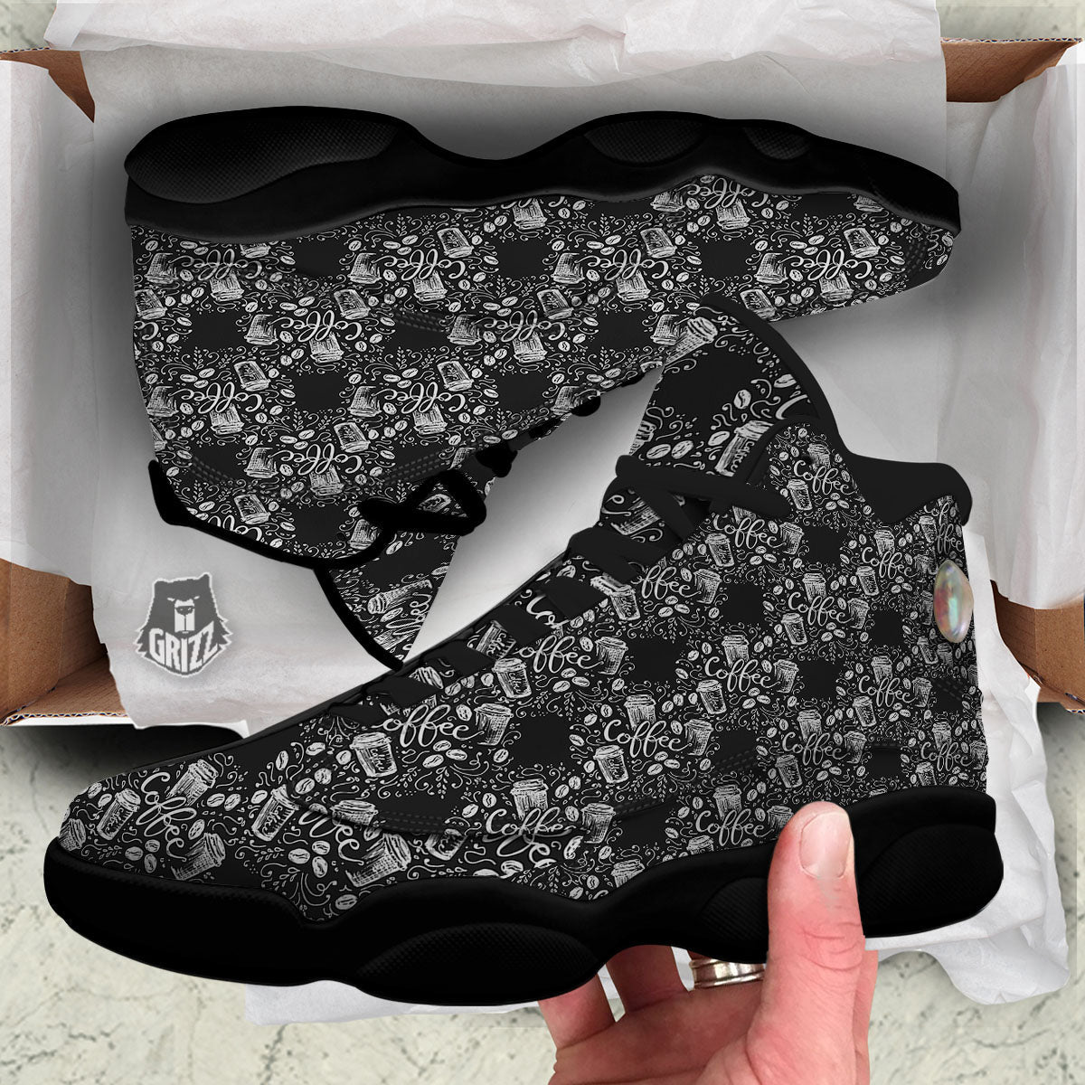 Drawing Coffee Print Pattern Black Basketball Shoes-grizzshop
