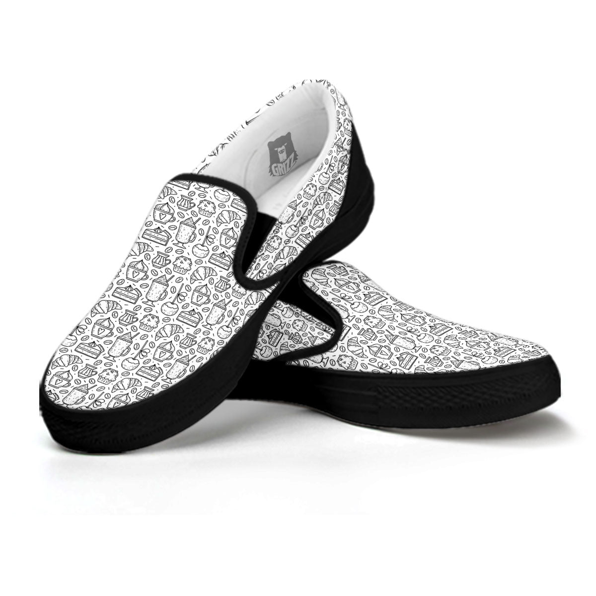 Drawing Dessert And Coffee Print Pattern Black Slip On Shoes-grizzshop