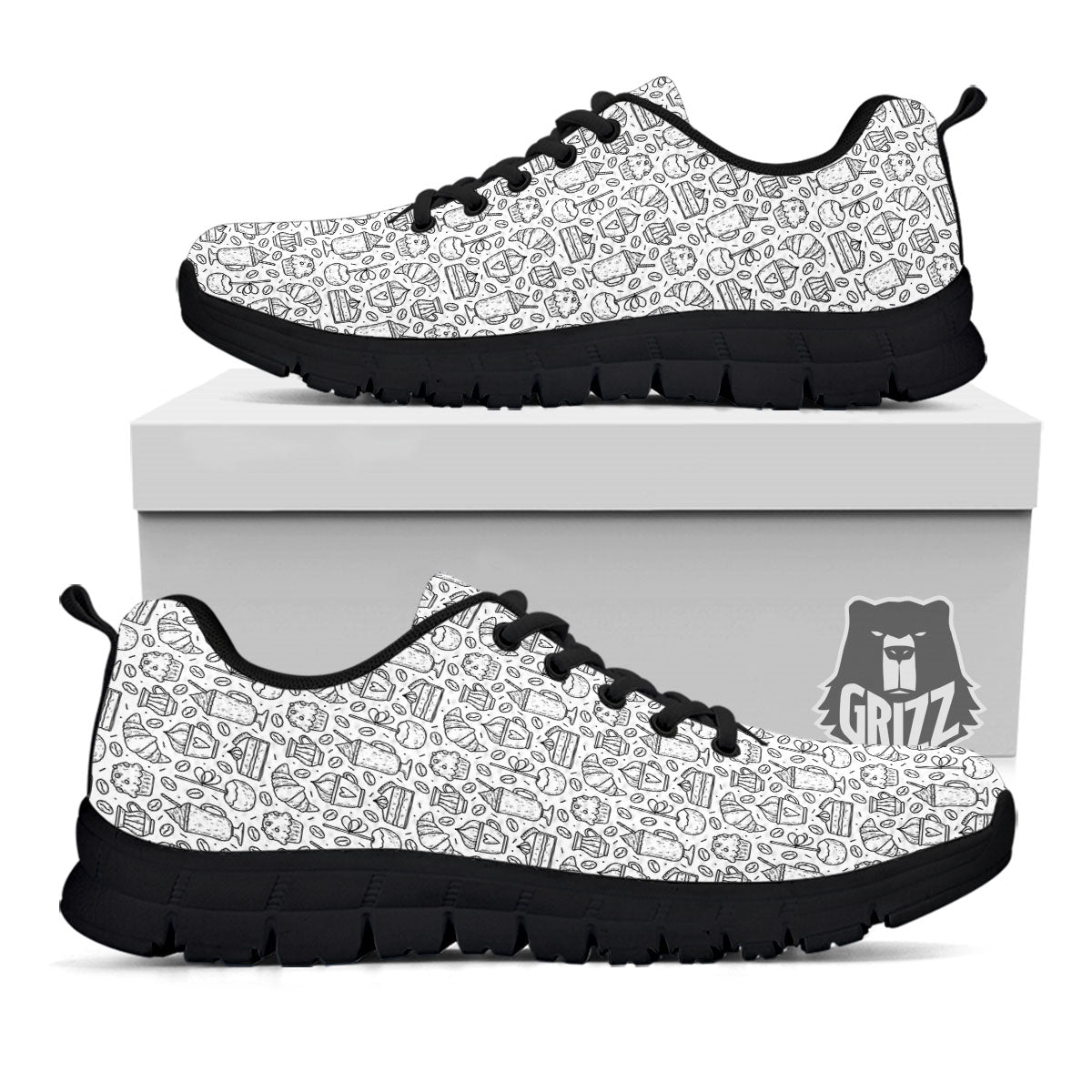 Drawing Dessert And Coffee Print Pattern Black Sneaker-grizzshop